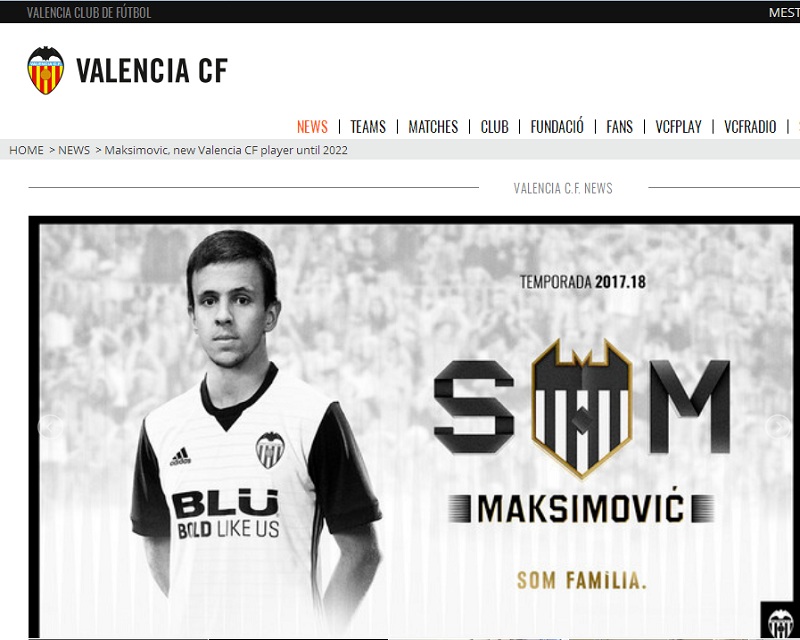 Максимовић потписао петогодишњи уговор с Валенсијом